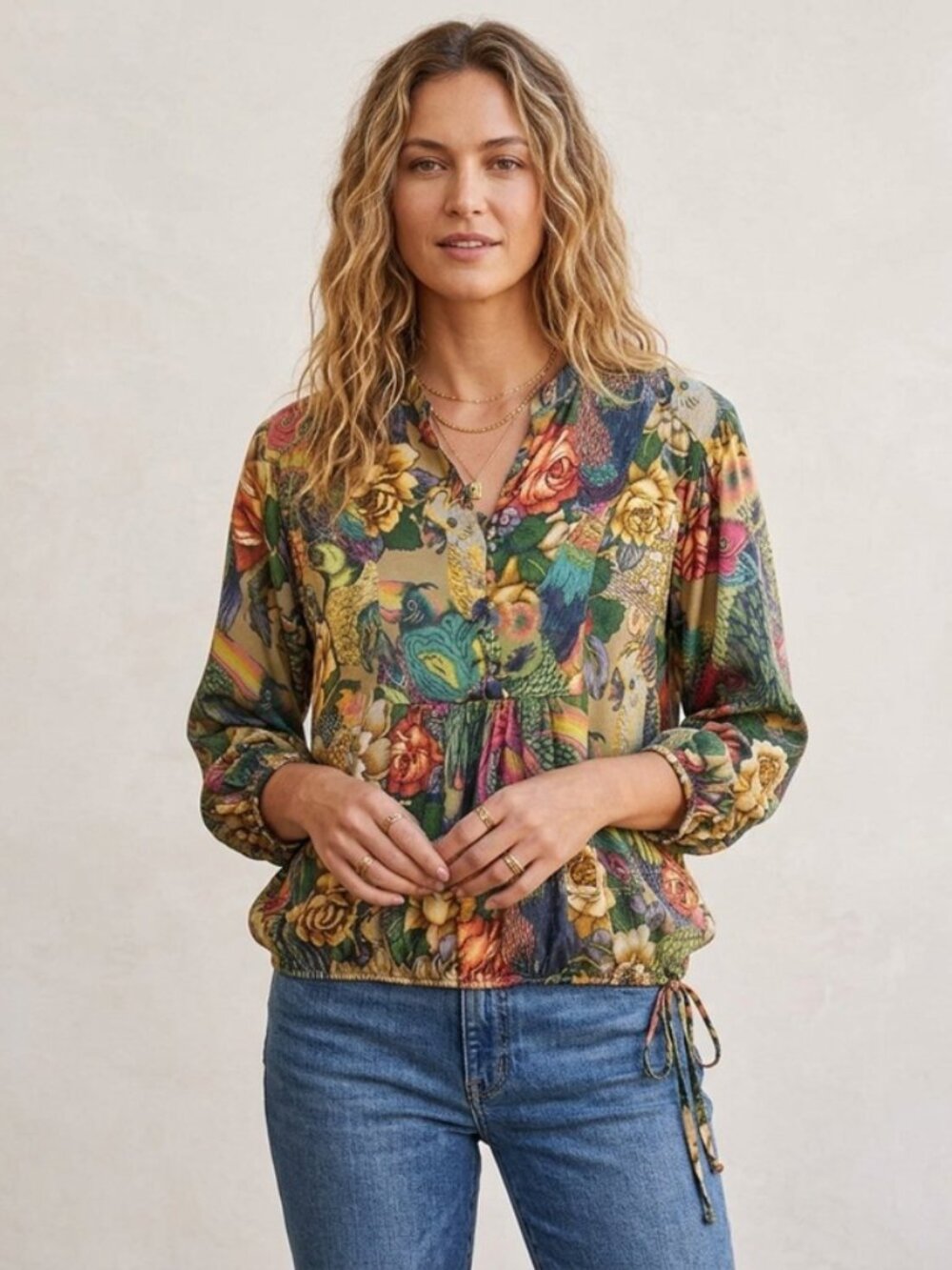 Johnny Was XS Silk Blend Blouse Floral Bird Print Tunic Drawstring Peasant Boho